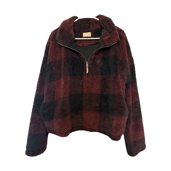 Buffalo Plaid Sherpa Half Zip Pullover Jacket – Burgundy Black – Women’s Medium - Picture 4 of 9